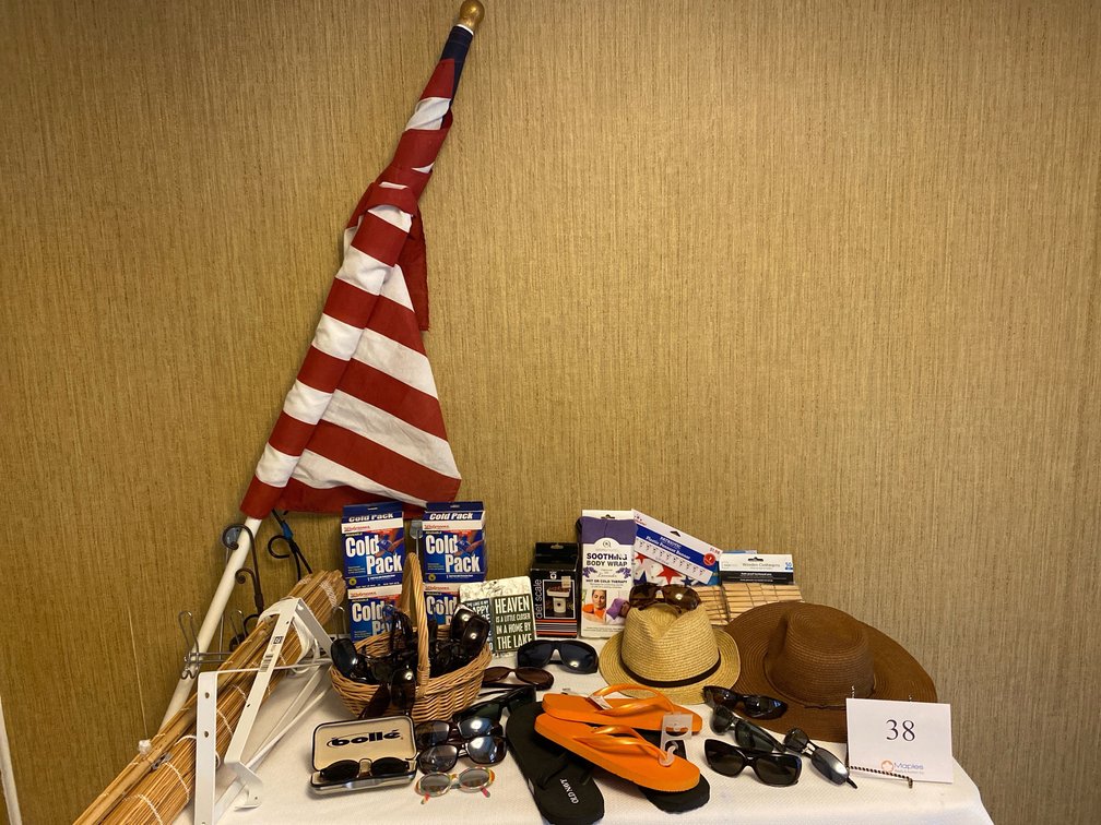 WOMEM’S AND MENS SUNGLASSES, 7.9’, FLAG POLE AND FLAG, BRACKETS, COLD PACKS, SOOTHING BODY WRAP, FOOD SCALE, WOMENS HATS 