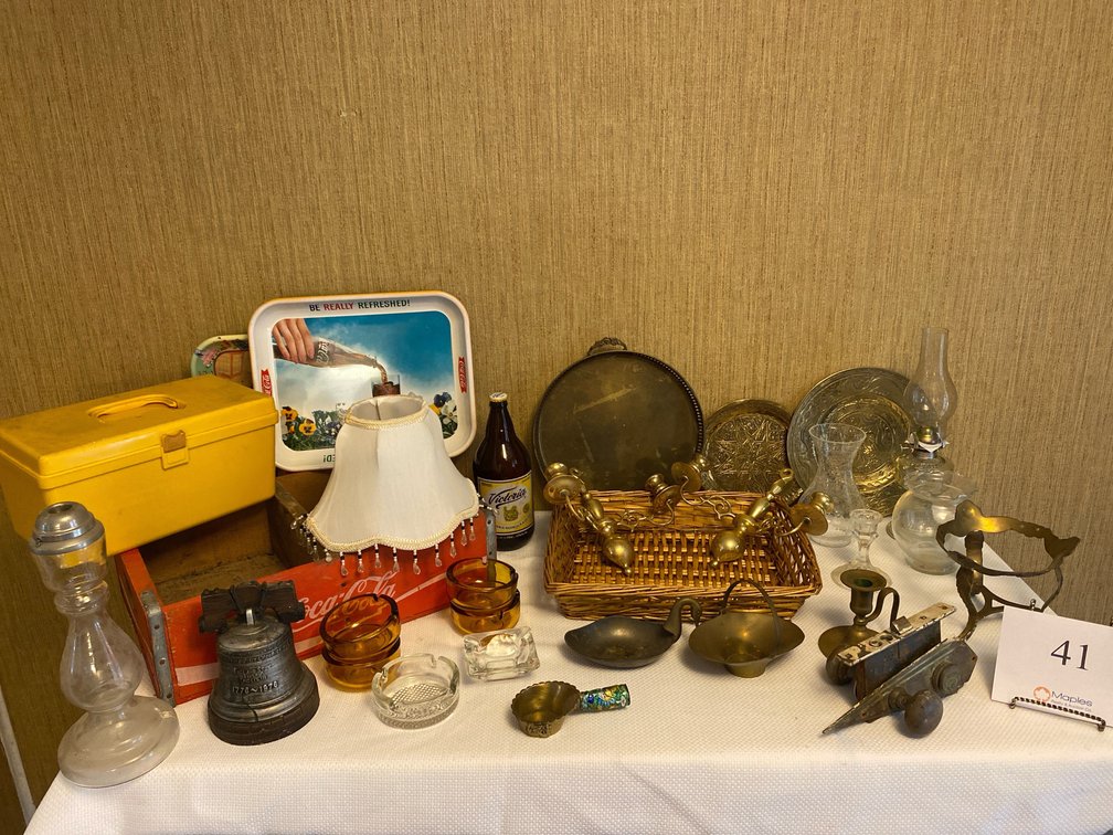 VINTAGE COCA-COLA  WOOD BOX, COCA-COLA TRAYS, VINTAGE ASH TRAYS, LIBERTY BELL MUSIC BOX, OIL LAMP, VINTAGE CHINESE SILK IRON, VINTAGE SEWING BOX, GLASS VASES,BRASS METAL DECOR, 