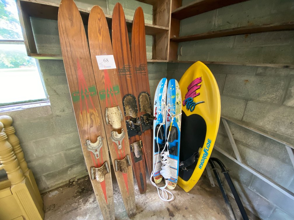 CHAMP WATER SKIS, TAHOE WATER SKIS, HYDROSLIDE KNEE BOARD, NASH SPORTS KIDS SKIS WITH TOW ROPE