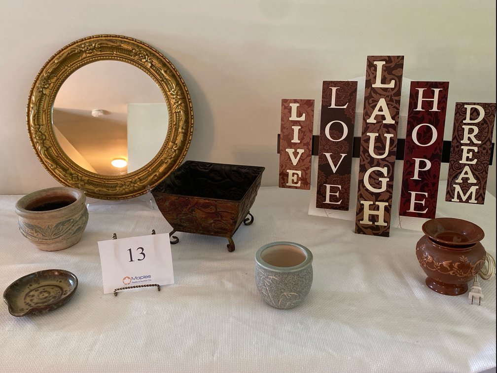 WALL MOUNT MIRROR, POTTERY, WALL ART, WAX WARMER, SQUARE METAL PLANTER
