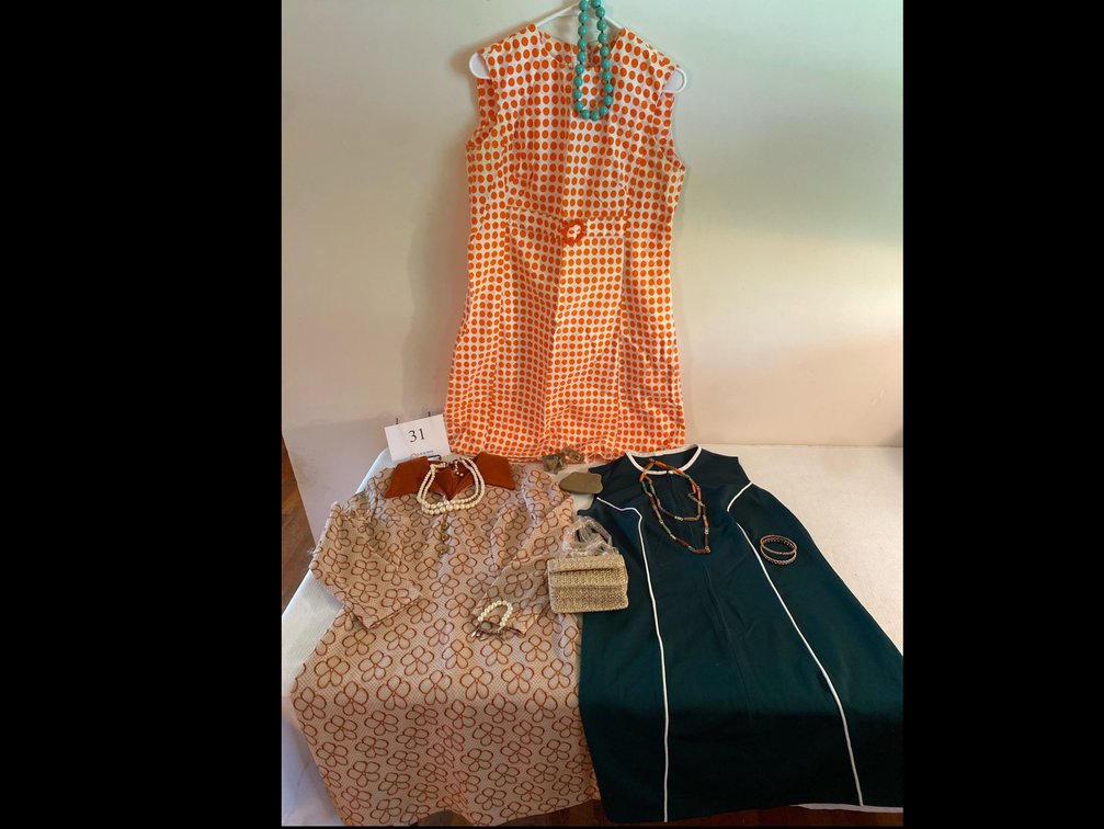 VINTAGE HANDMADE DRESSES, VINTAGE STYLE JEWELRY, SMALL PURSE 