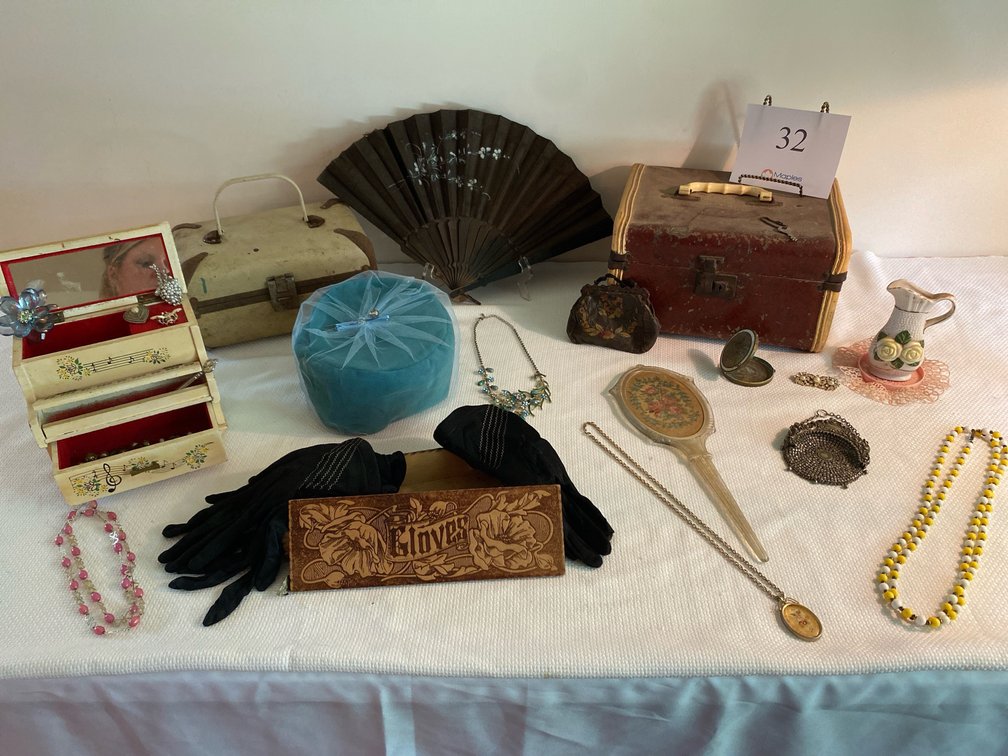 VINTAGE JEWELRY, LADIES VINTAGE TRAVEL CASES, VINTAGE GLOVES AND WOODEN GLOVE BOX, VINTAGE HAT AND MIRROR