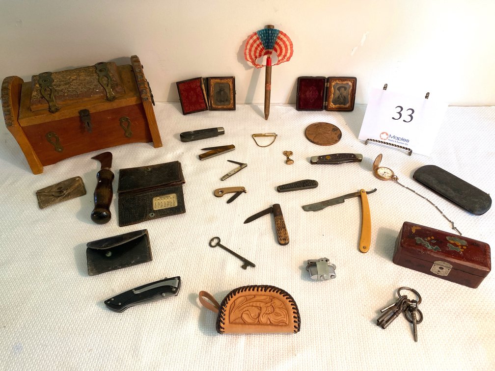 VARIETY OF KNIVES, VINTAGE CIGAR FAN, ELGIN POCKET WATCH, 1972 LARGE PENNY, OLD 1800’s FRAMED PICTURES, VINTAGE WALLETS , WOODEN BOXES