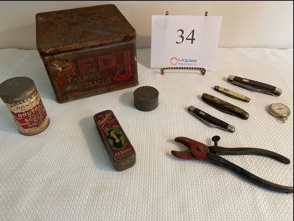 VINTAGE KNIVES, VINTAGE NELSON POCKET WATCH, VINTAGE METAL CONTAINERS 
