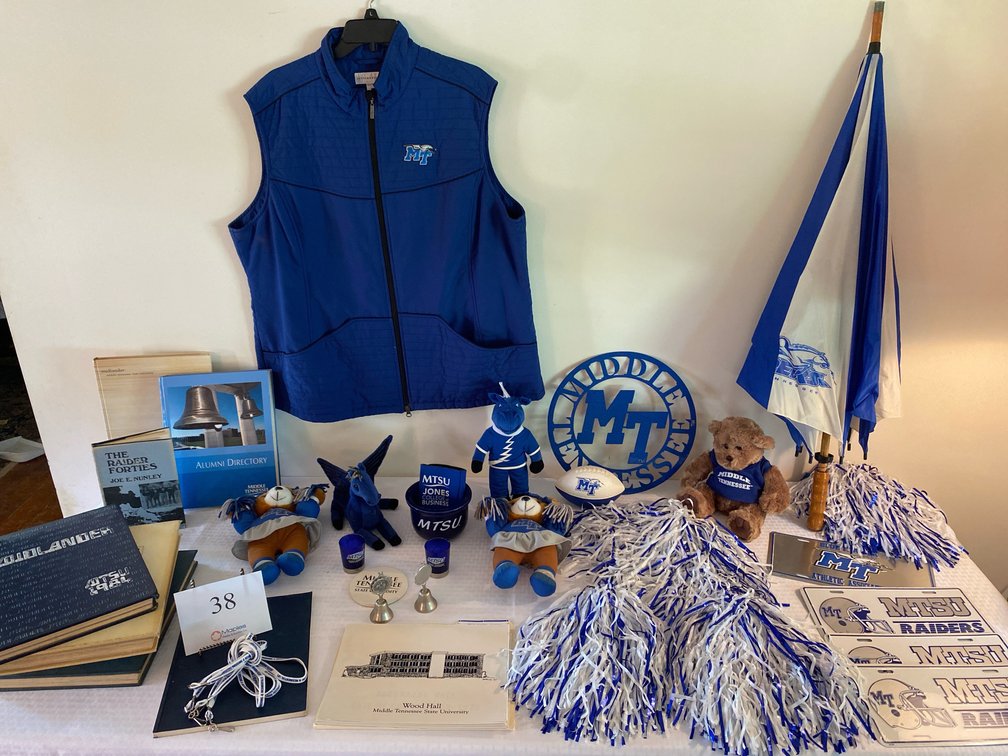 MTSU MEMORABILIA, ALUMNI DIRECTORY, 71-73 YEAR BOOKS, THE RAIDER FORTIES BOOK, BUILDING SKETCHES, UMBRELLA, MTSU VEST, LICENSE PLATES  