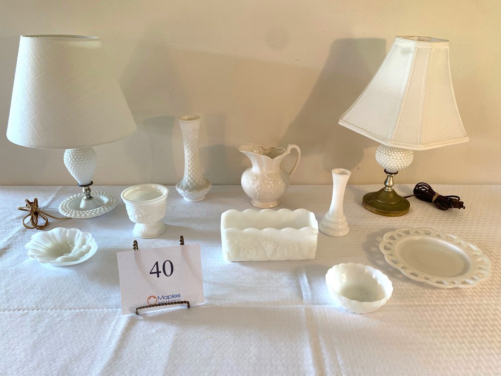 MILK GLASS STYLE LAMPS,VASES,BOWLS, PITCHER