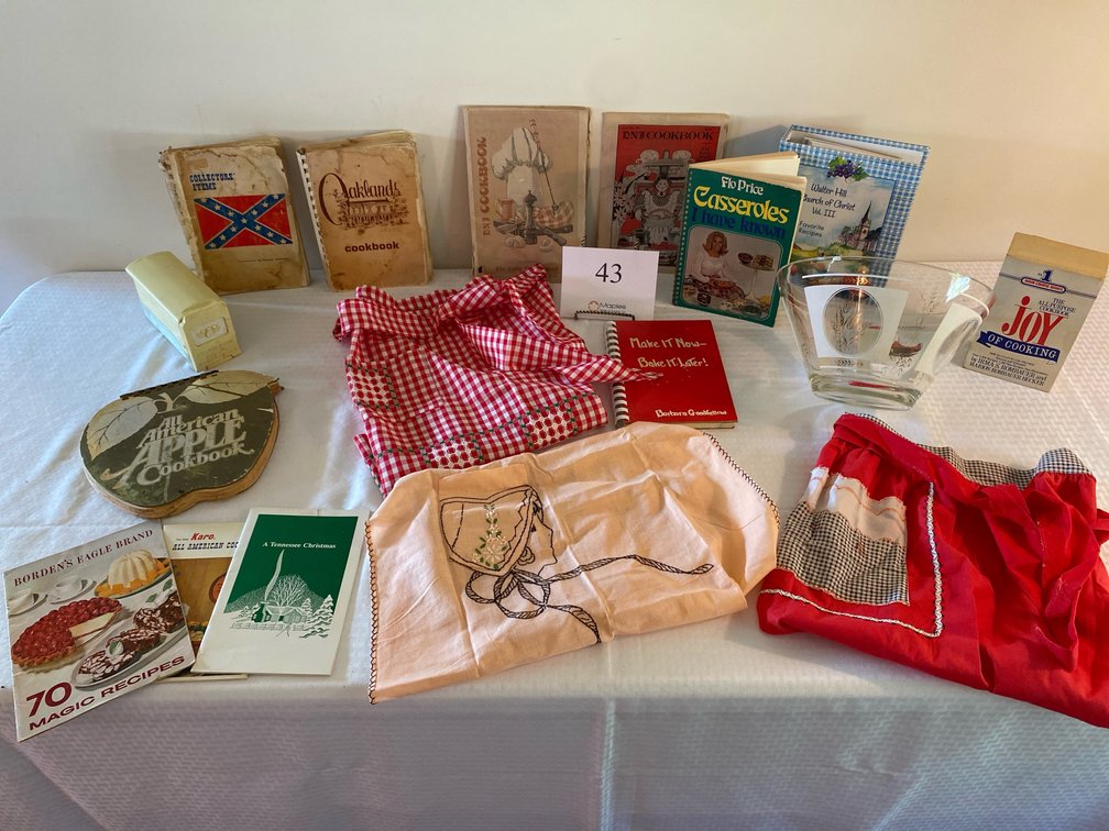 VINTAGE FRIGIDAIRE BUTTER PRE-SERVER, VINTAGE GOLD WHEAT BOWL, VINTAGE COOKBOOKS, VINTAGE APRONS, 