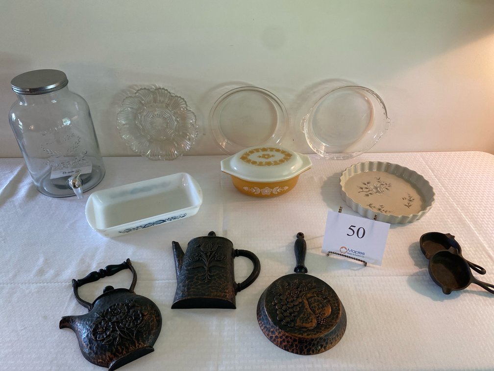 VINTAGE PYREX DISH, GLASBAKE DISH, PIE PLATES, CAST IRON ASHTRAYS, BEVERAGE SERVER, KITCHEN WALL DECOR