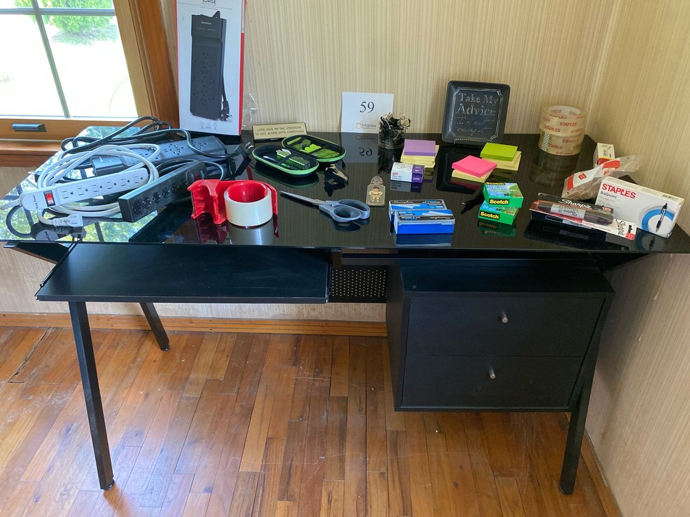 BLACK DESK,EXTENSION CORDS, SURGE PROTECTORS, OFFICE SUPPLIES