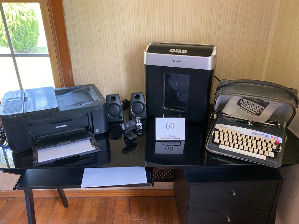 CANNON PRINTER, ATIVA SHREDDER, LOGITECH SPEAKERS, AND CAMERA, VINTAGE REMINGTON 333 TYPEWRITER