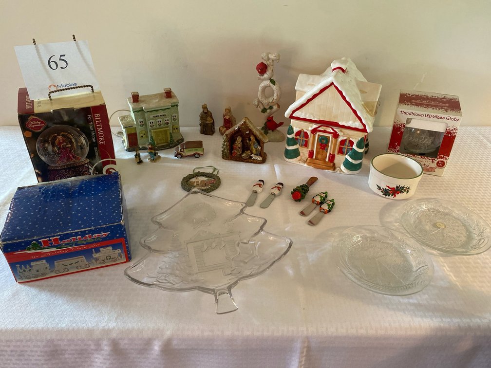 CHRISTMAS DECORATIONS AND BLACK SHELF 56”Hx11.5”Wx11.5”D