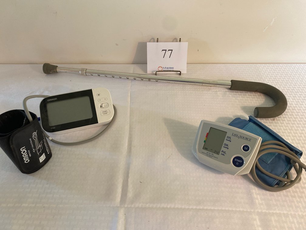 TWO AUTOMATIC BLOOD PRESSURE CUFFS , CANE