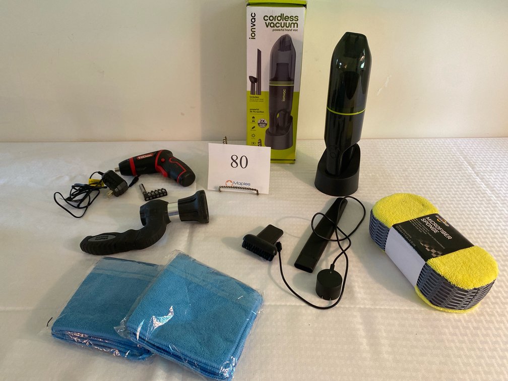 CORDLESS CAR VACUUM, HYPER TOUGH CORDLESS DRILL, CAR SPONGE, MICROFIBER TOWELS