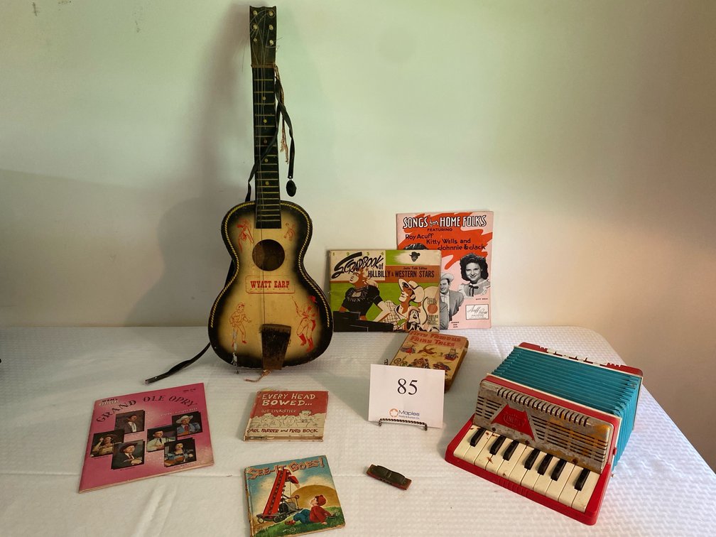 VINTAGE WYATT EARP GUITAR, VINTAGE EMENEE ACCORDION, SONG BOOKS