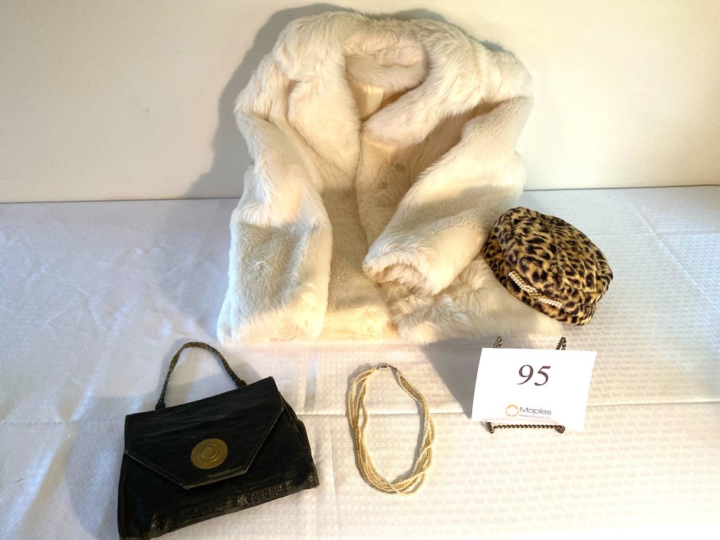 SMALL/MEDIUM FUR COAT, VINTAGE PURSE, HAT, VINTAGE PEARL STYLE NECKLACE