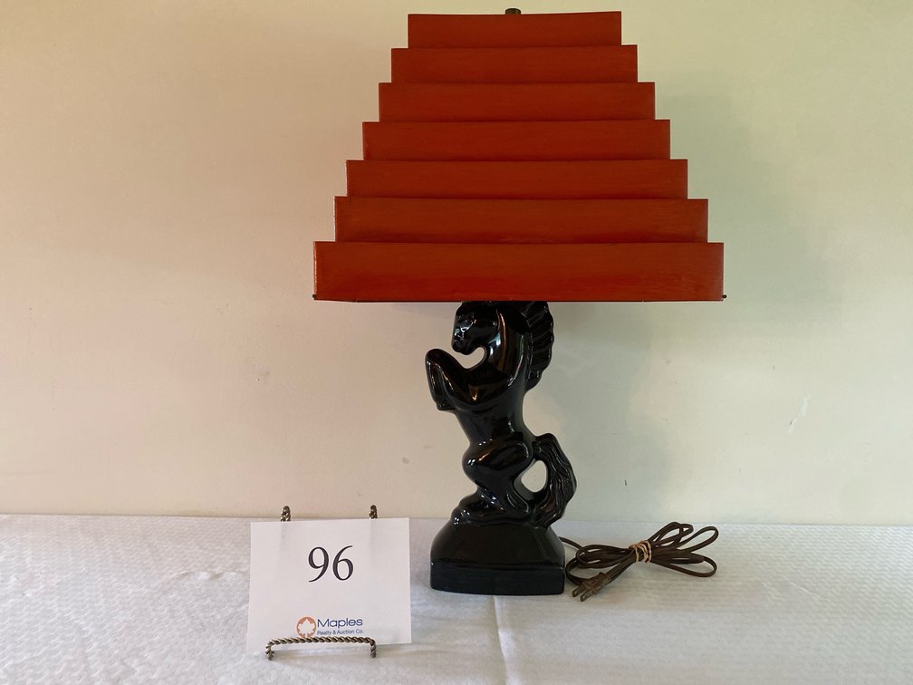 1940'S UNDERWRITER’S  LABORATORIES CERAMIC WITH METAL TIERED SHADE STALLION LAMP