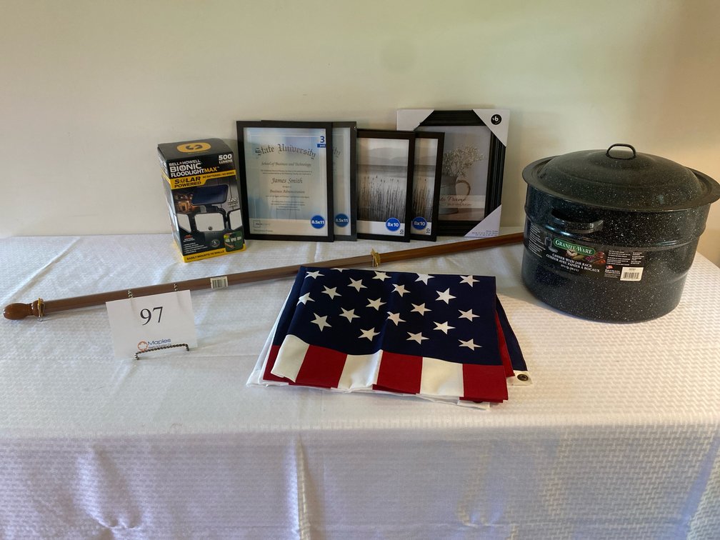 NEW FLAG, NEW FLAG POLE, BIONIC FLOOD LIGHT MAX, CANNER WITH JAR RACK, VARIOUS FRAMES