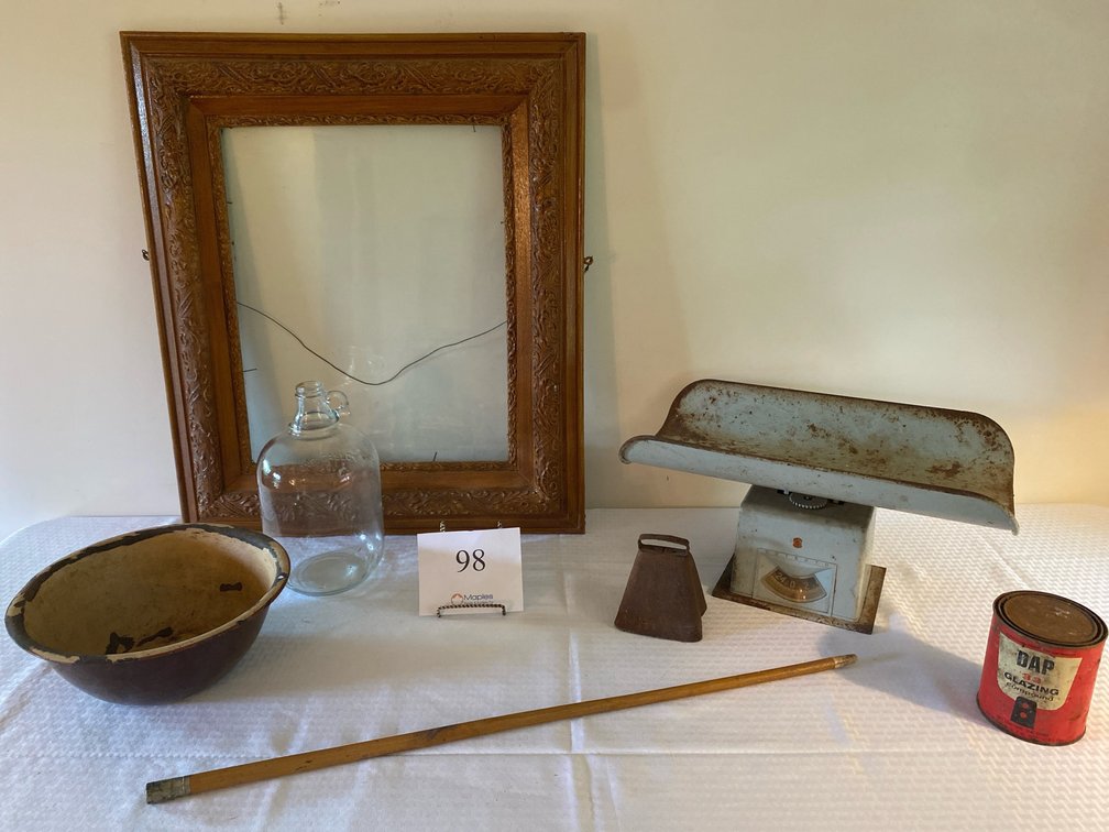 VINTAGE SCALES, VINTAGE METAL BOWL, VINTAGE FRAME, VINTAGE BELL, VINTAGE CANE, VINTAGE DAP GLAZING TIN, VINTAGE GLASS JUG 