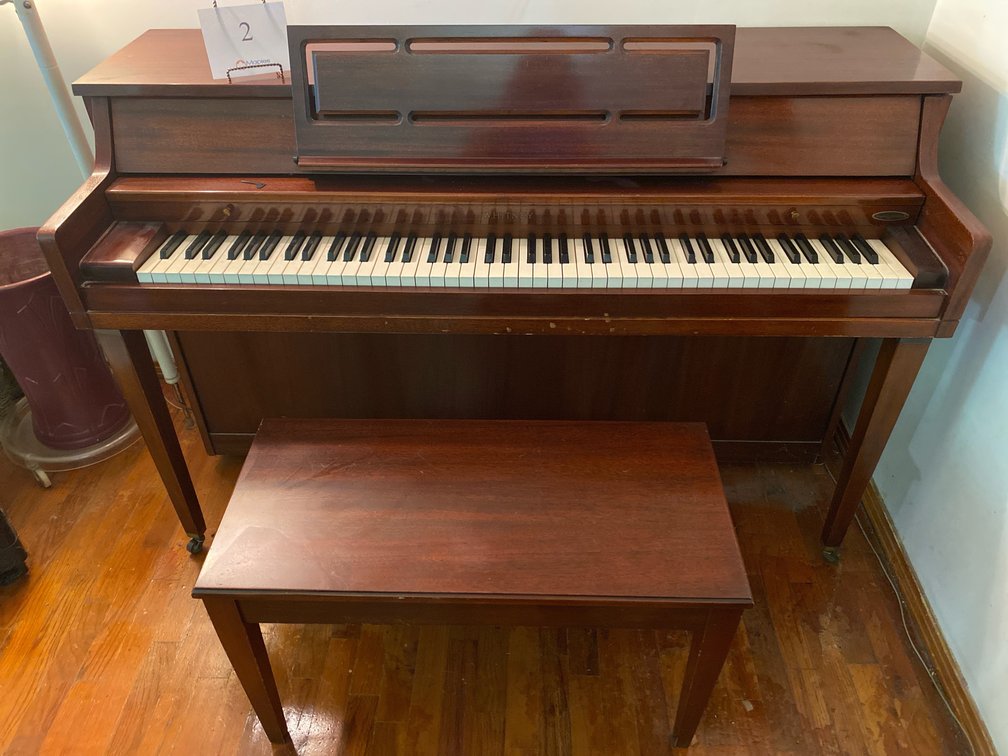 WHITNEY PIANO AND MATCHING BENCH DESIGNED BY KIMBALL 