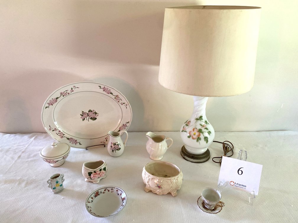 VINTAGE LAMP AND DECORATIVE PITCHERS AND HOBNAIL FLORAL PLANTER, TUREEN SERVING BOWL, VINTAGE FLORAL VASE, MATCHING BOWL, CREAMER AND PLATTER  