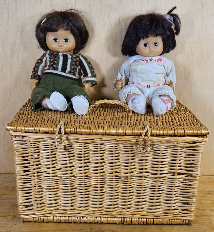 Two Dolls & Basket w/ Clothes