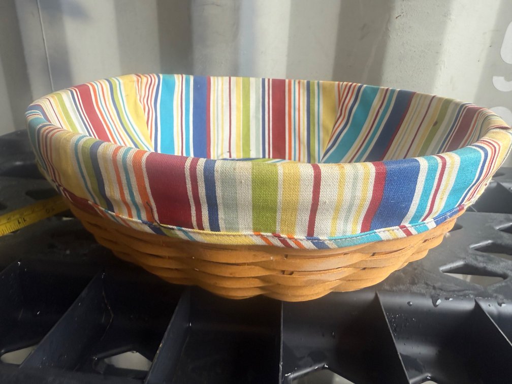 Longaberger Woven Wood Basket with Striped Fabric Liner