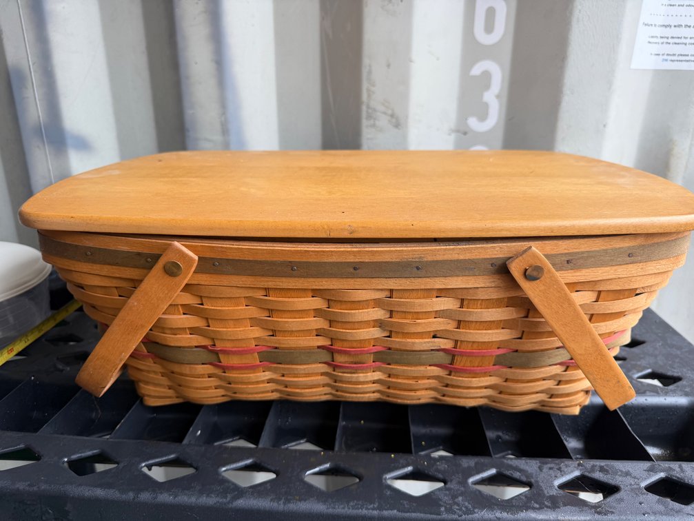 Woven Wood Splint Picnic Basket with Wooden Lid