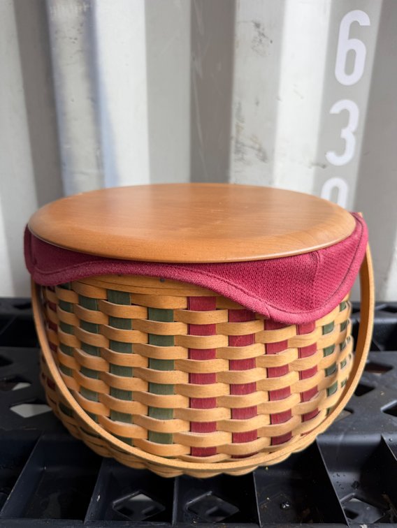 Longaberger Round Woven Wood Basket with Lid and Liner