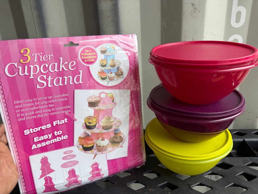 New Tupperware Bowls and 3-Tier Cupcake Stand