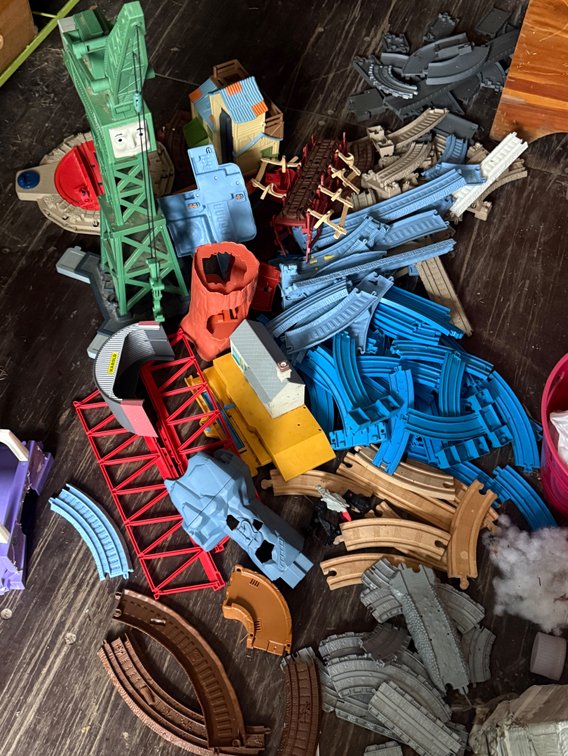 Plastic Toy Train Tracks, Playset Buildings, and Vehicles