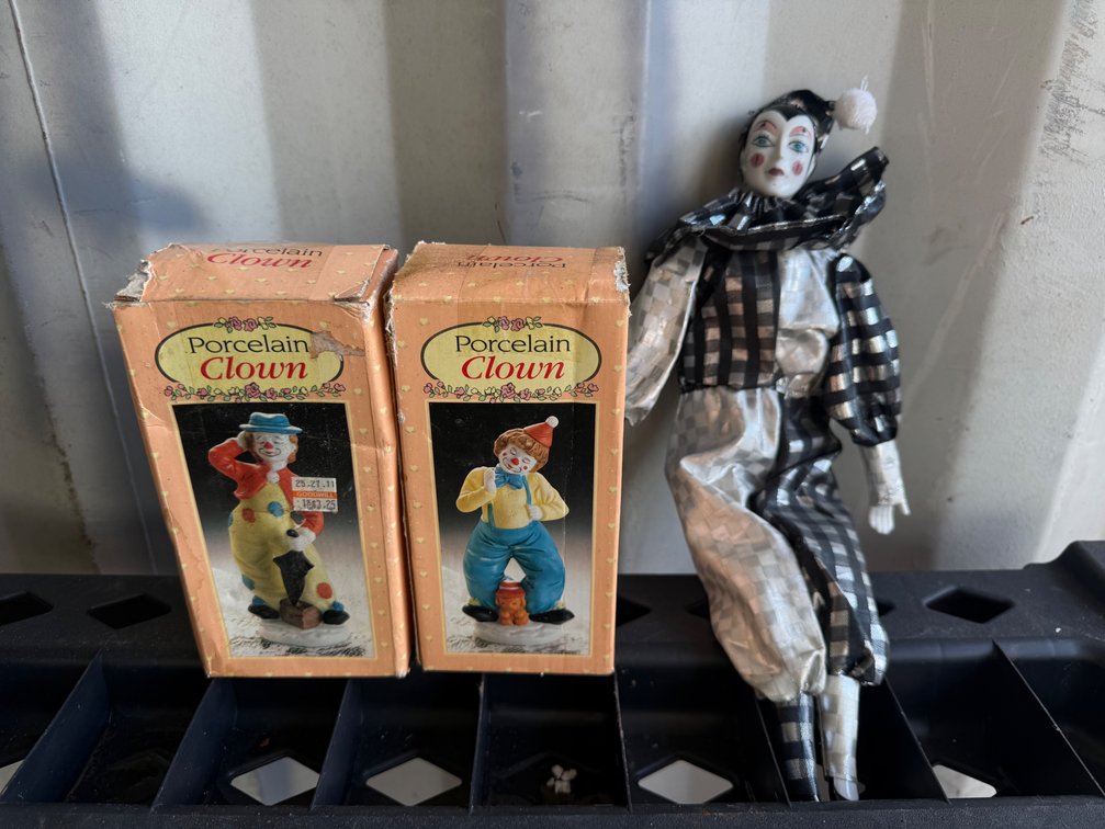 Porcelain Clown Figurines and Harlequin Doll