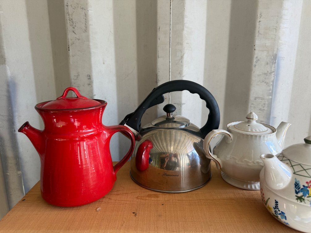 Teapots, Whistling Teakettle, and Enameled Coffee Pot
