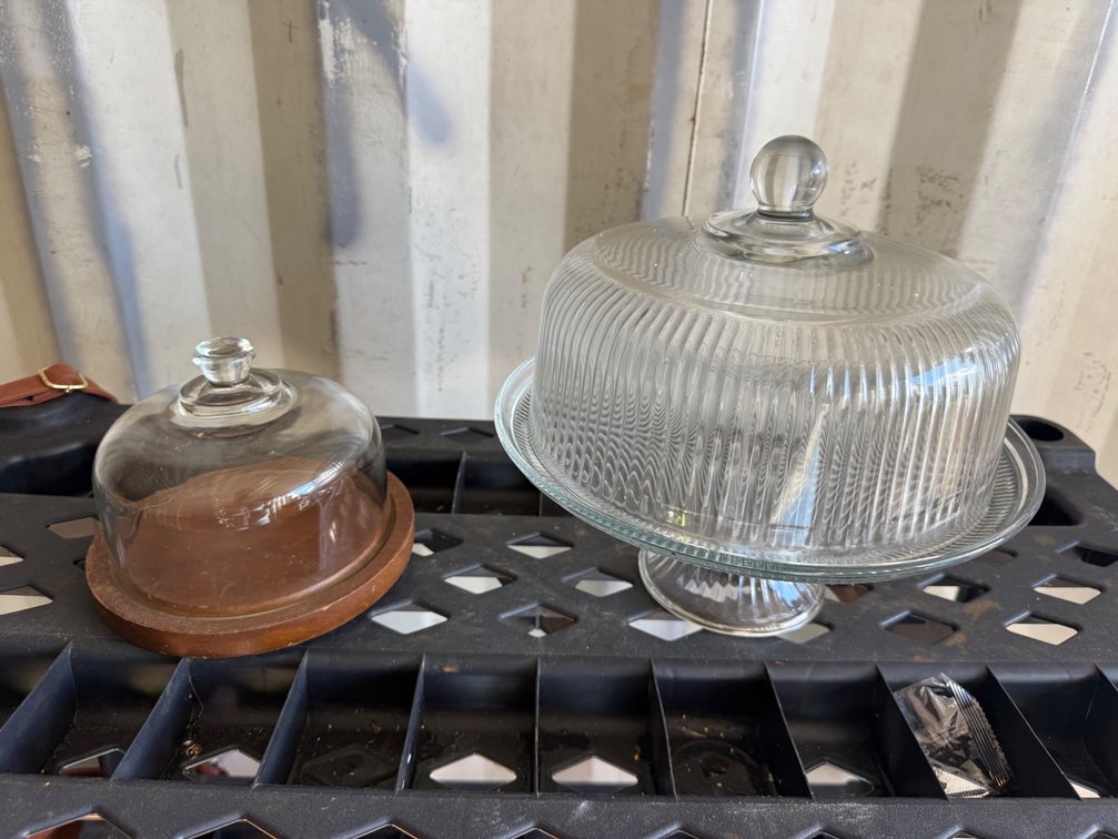 Glass Pedestal Cake Stand and Cloche with Wooden Base