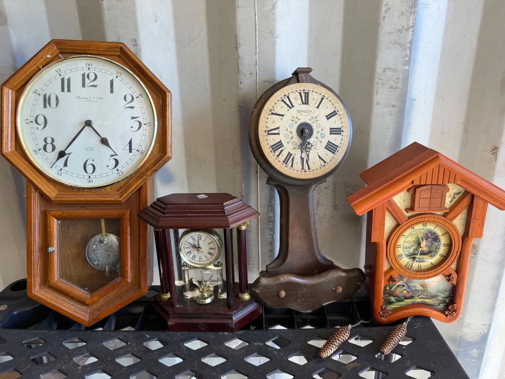Wooden Wall Clocks, Mantel Clock, and Cuckoo Clock