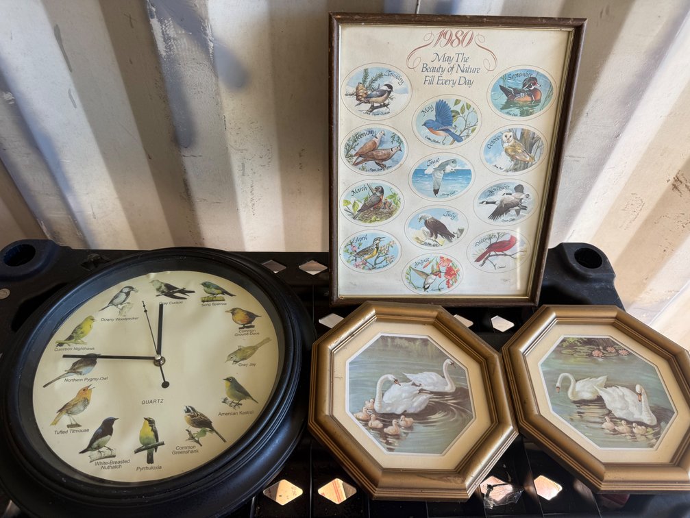 Bird-Themed Wall Clock, 1980 Calendar Print, and Swan Prints