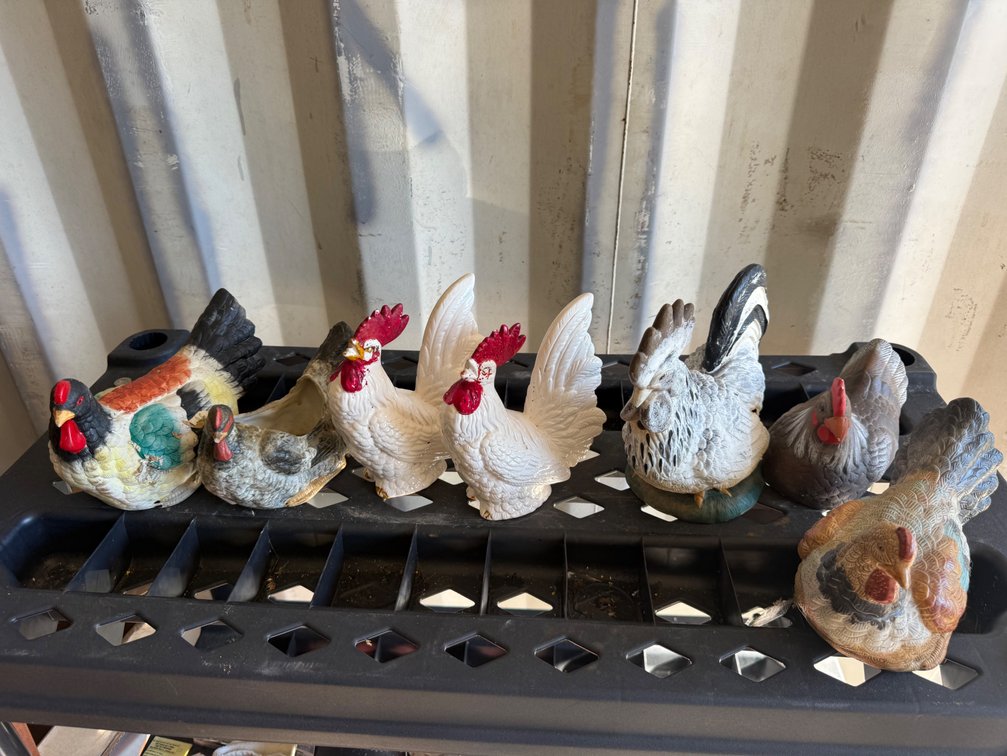 Ceramic Rooster and Hen Figurines and Planter