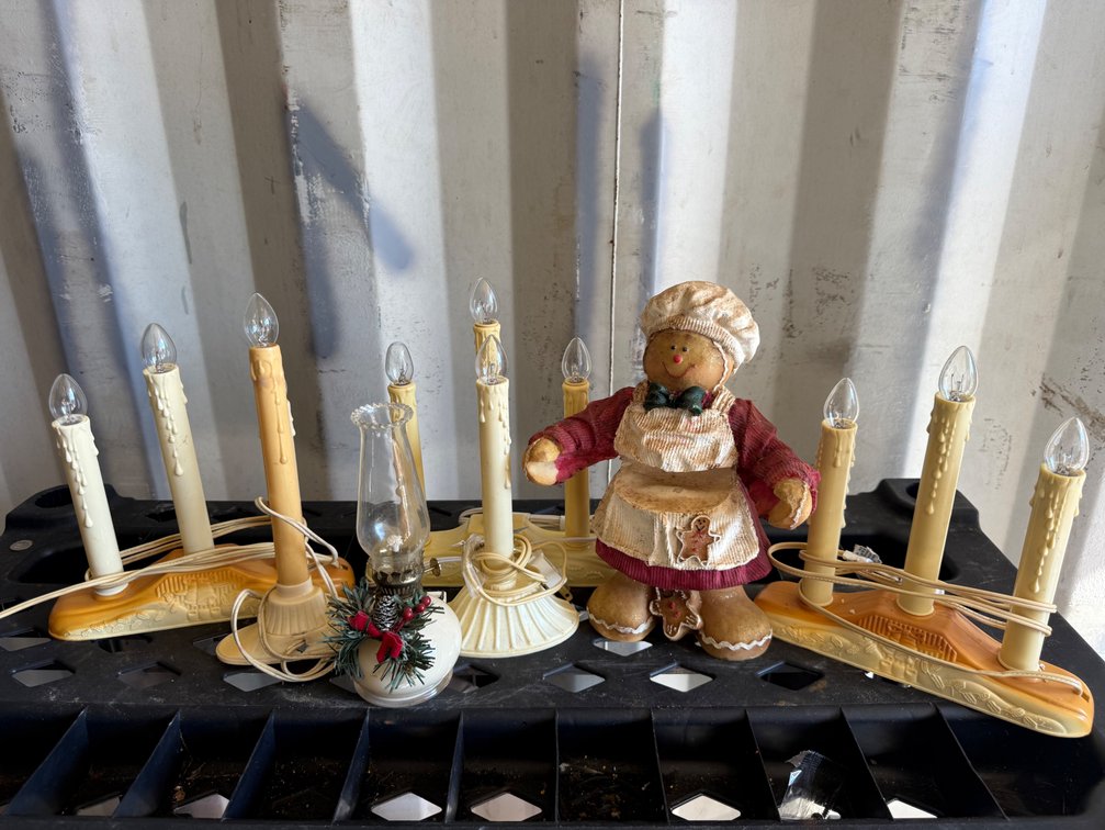Electric Candle Lights, Miniature Hurricane Lamp, and Figurine