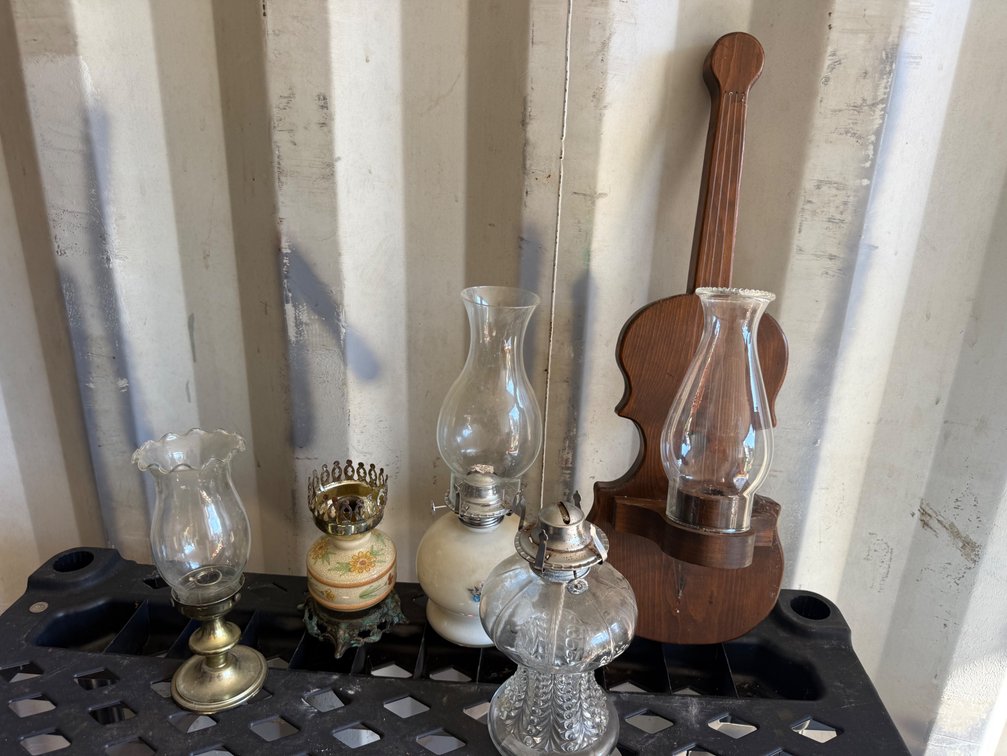 Glass Oil Lamps, Brass Hurricane Lamp, and Wall Sconce