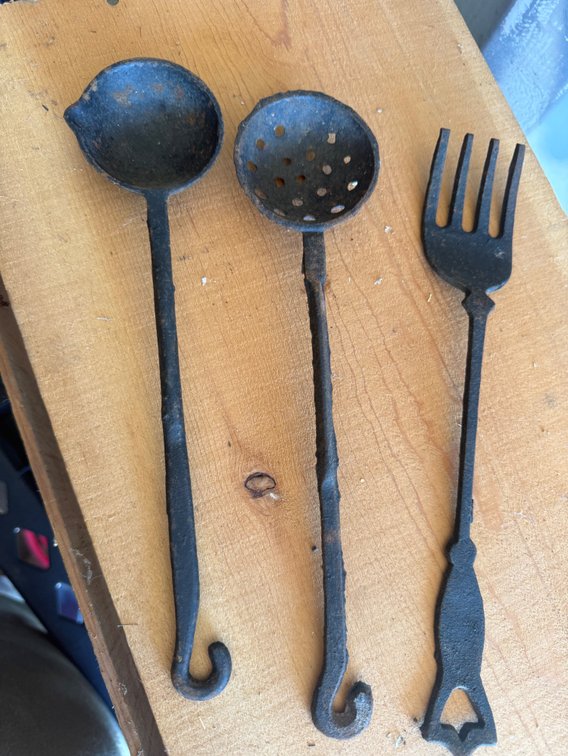 Wrought Iron Hearth Ladle, Strainer Spoon, and Fork