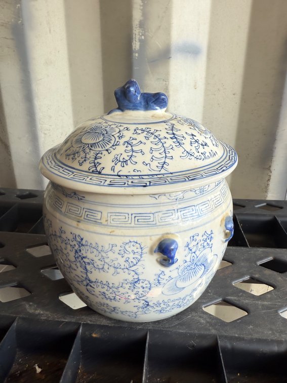 Blue and White Ceramic Lidded Jar with Animal Finial