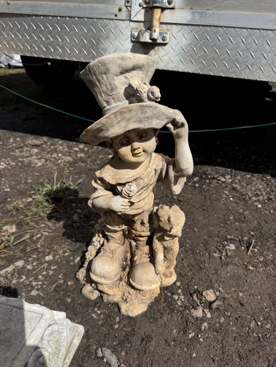 Garden Statue of Boy in Top Hat with Dog