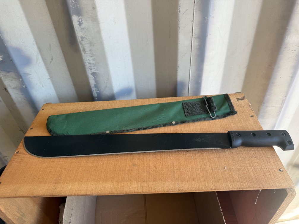 Black-Coated Machete with Green Fabric Sheath