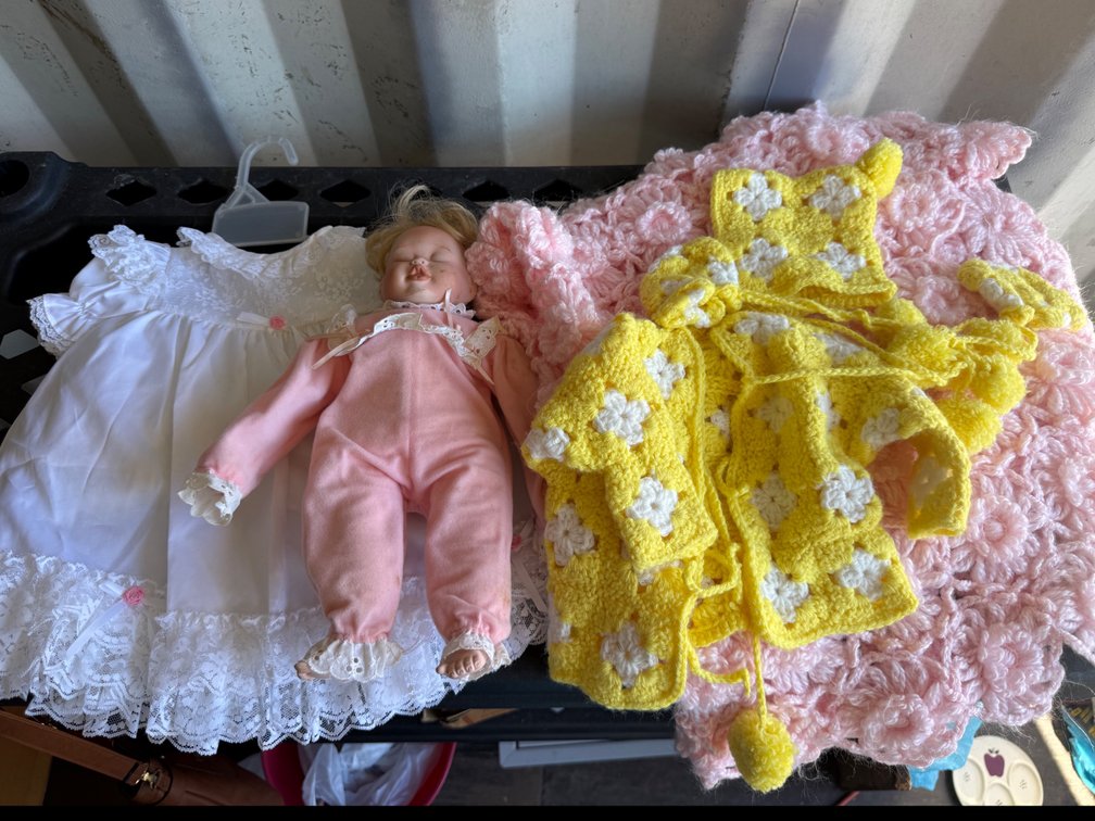Sleeping Baby Doll with Clothing and Crocheted Blanket