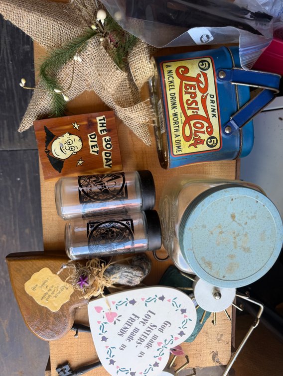 Metal Tin, Glass Canister Jars, Wooden Plaques, and Wall Hooks