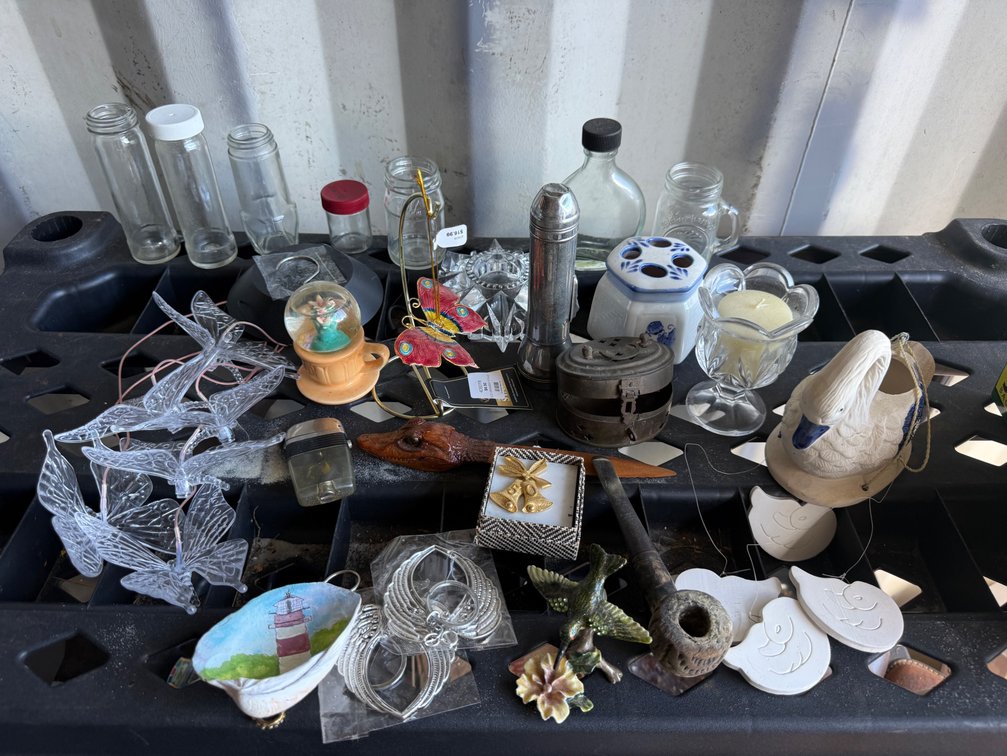 Decorative Glassware, Ceramic Swan Wind Chime, and Collectibles