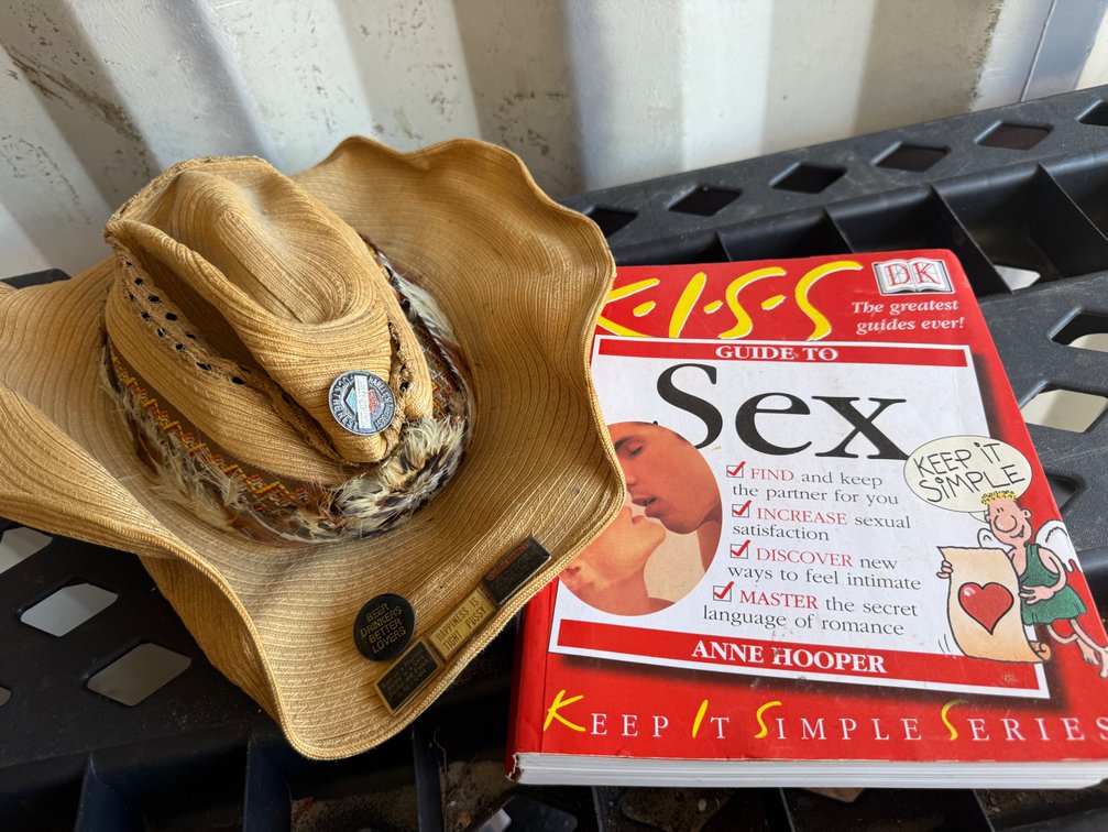 KISS Guide to Sex Book and novelty pins on hat