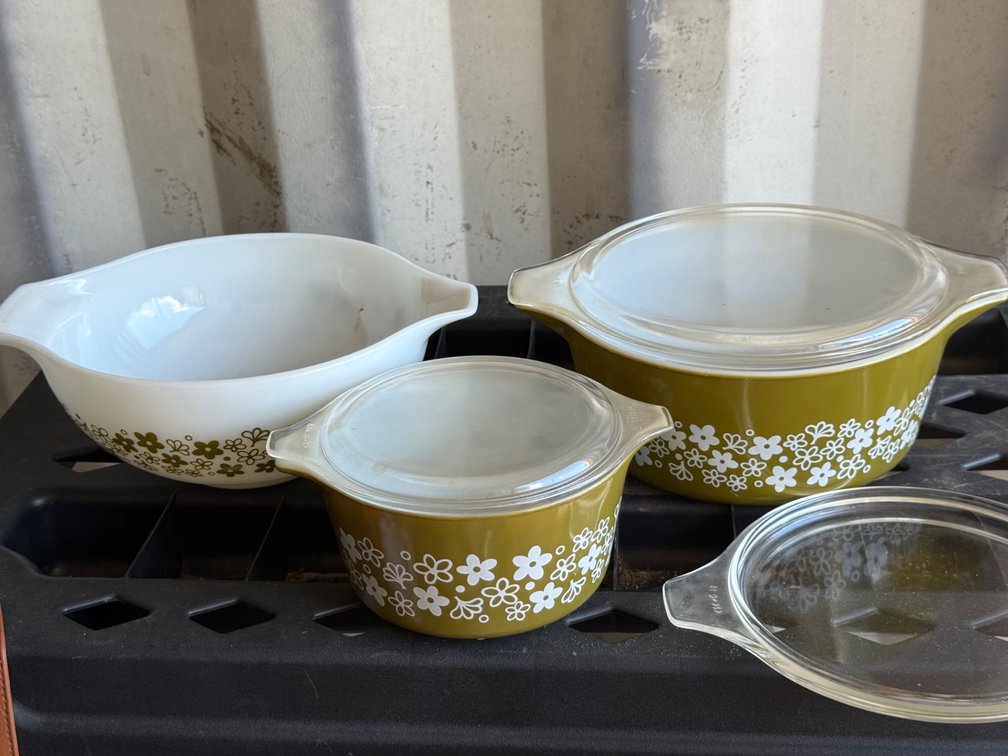 Pyrex Spring Blossom Green Casserole Dishes and Bowl