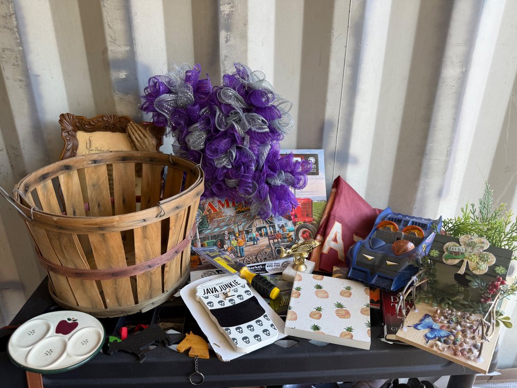 Wooden Bushel Basket, Toy Car, Wall Decor, Books, and More