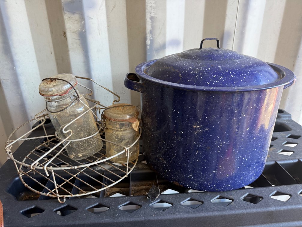 Blue Speckled Enamel Canning Pot, Wire Rack, and Glass Jars