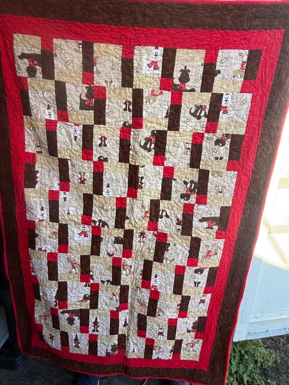 Homemade Patchwork Quilt with Red and Brown Borders
